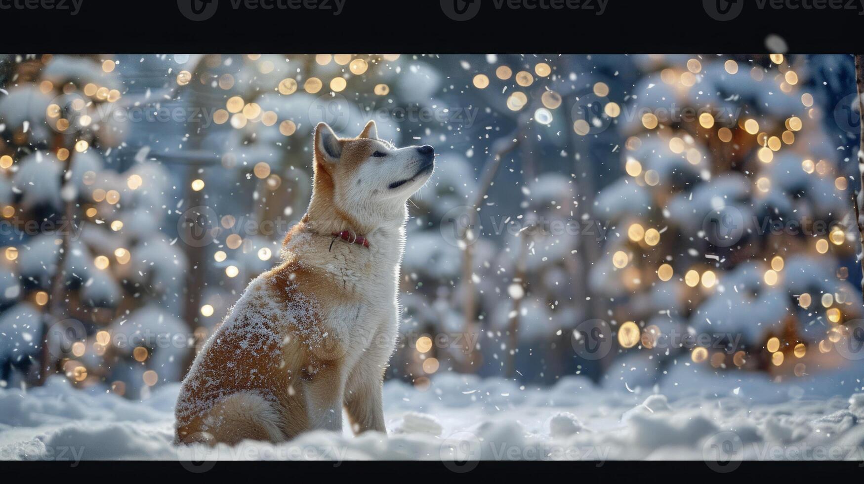 Christmas dog portrait in the snow, winter landscape background photo
