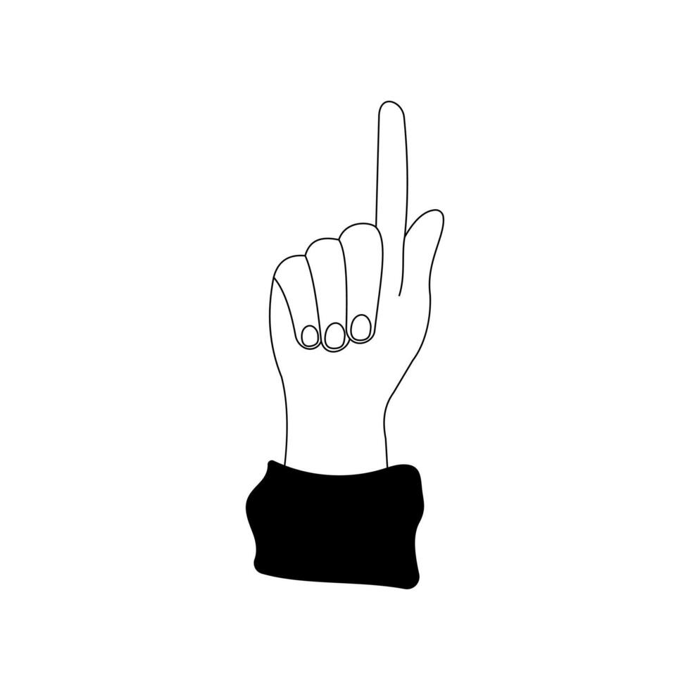 Pointing finger hand gesture icon isolated on white background. Line hand drawn black and white illustration vector