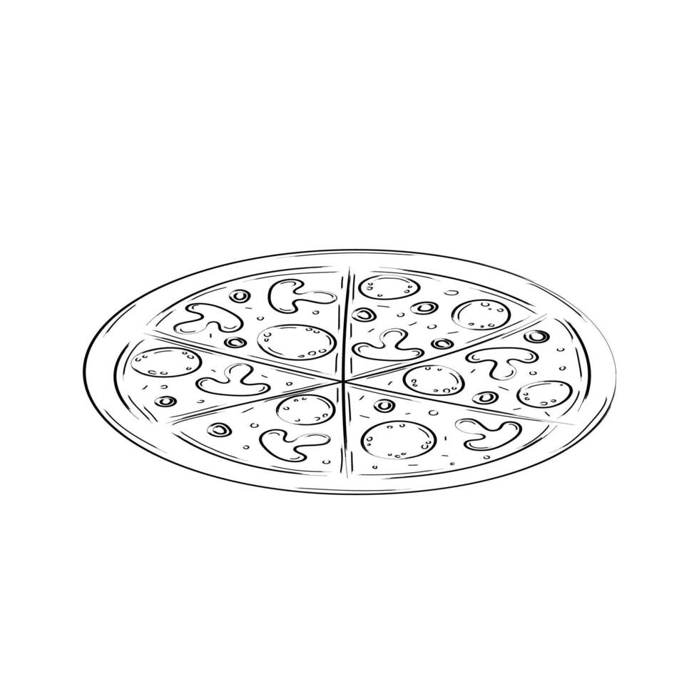 Pizza hand drawn sketch. Black and white art line illustration isolated on white background. vector