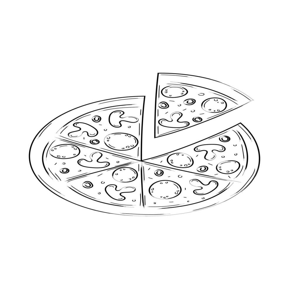 Pizza hand drawn sketch. Black and white art line illustration isolated on white background. vector