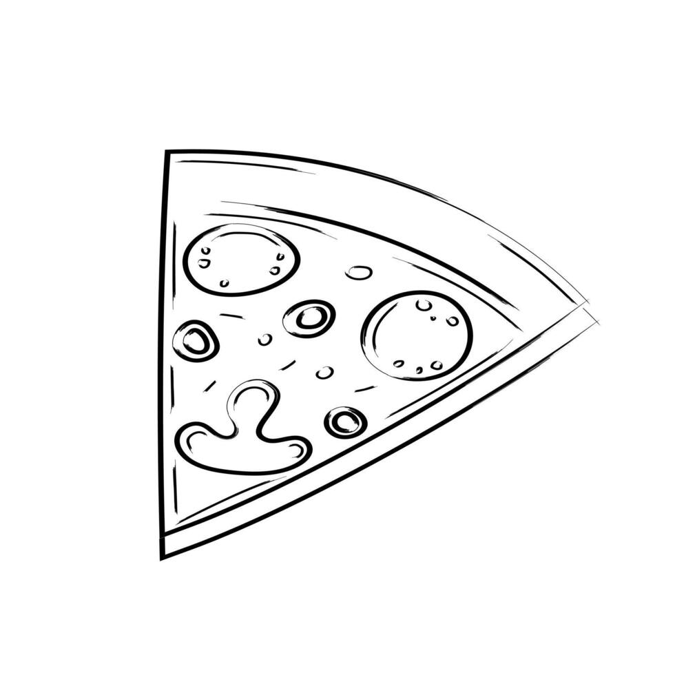Slice of pizza hand drawn sketch. Black and white art line illustration isolated on white background. vector