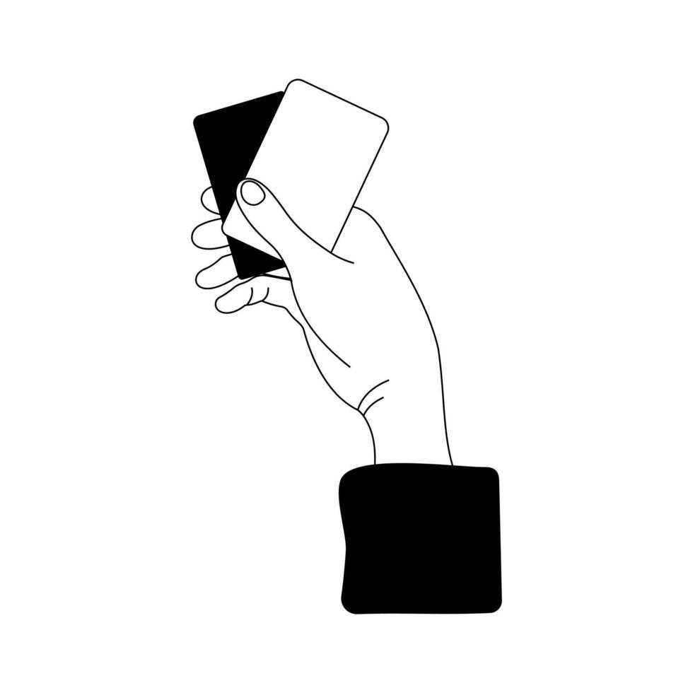 Icon hand holding cards, tickets. Line hand drawn black and white illustration vector