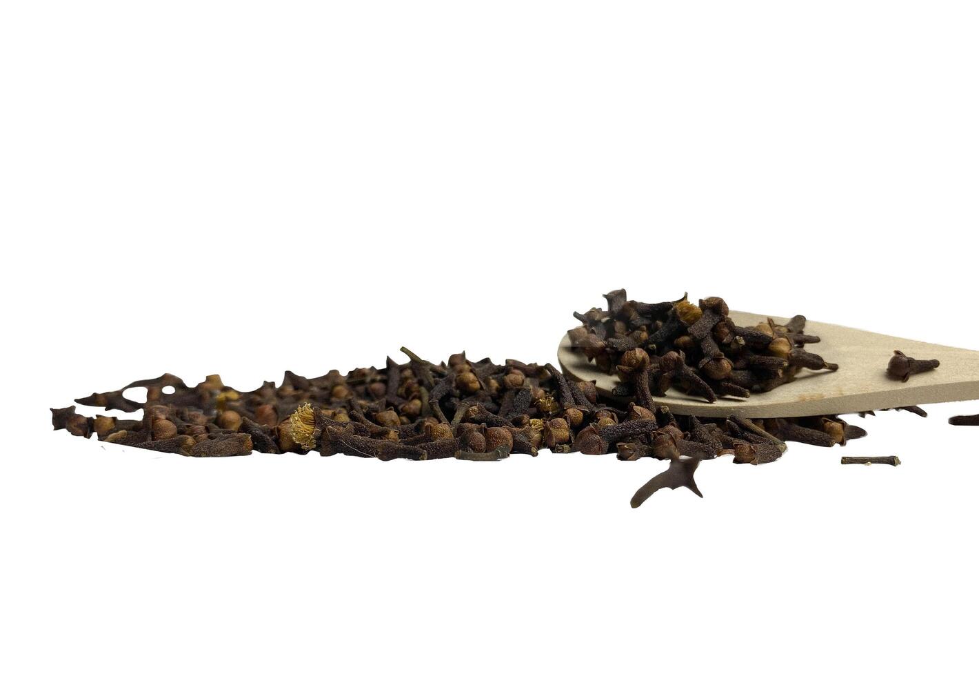 Clove spice in wooden spoon isolated on white background.The view from side. photo