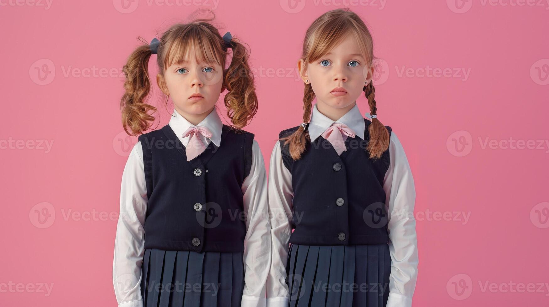 Two little girls dressed in school uniform, blank pink background photo