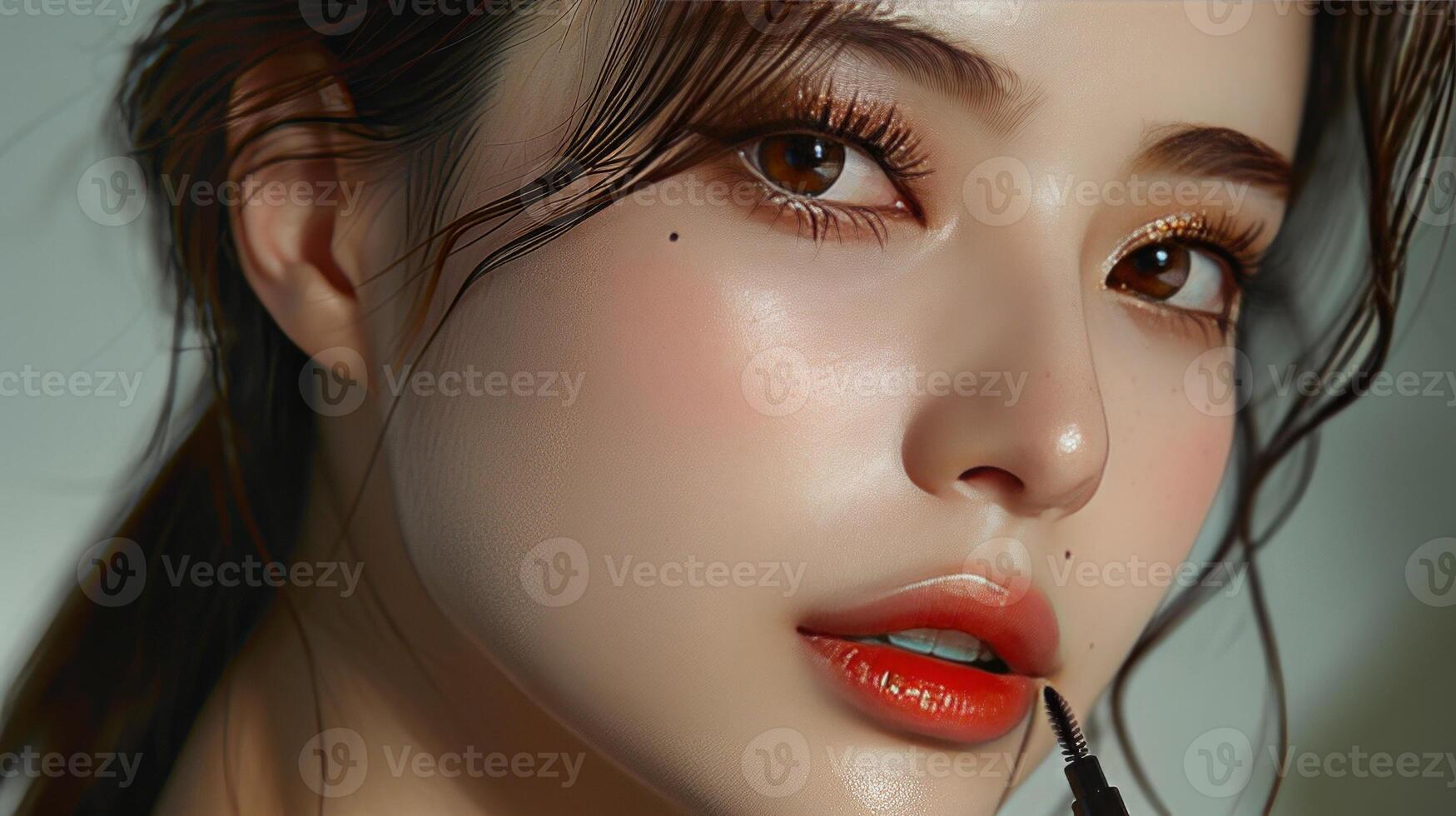 A female model with professional makeup on empty isolated background photo