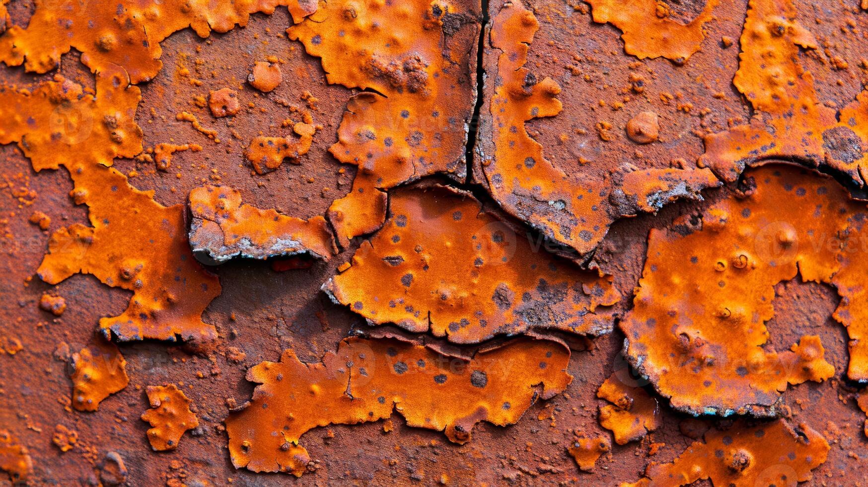 Closeup of rusty iron surface with intricate patterns of corrosion and vibrant orange brown hues photo