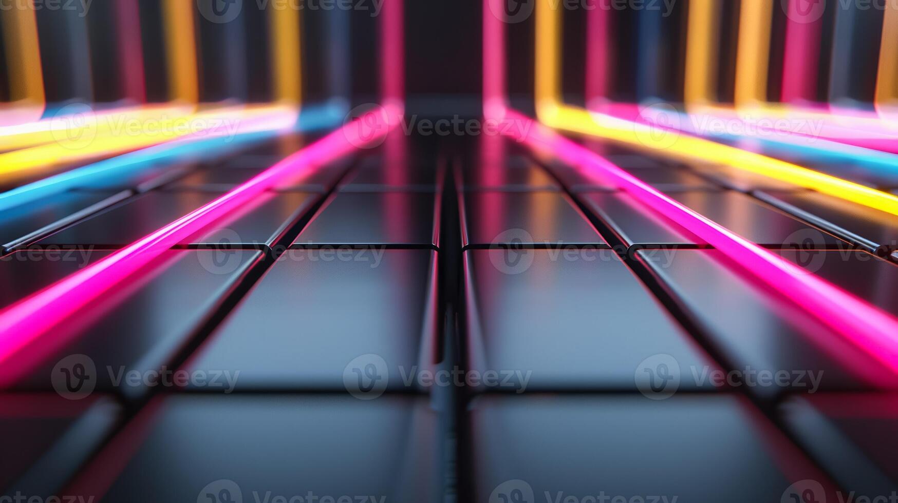 Dark background with neon lines forming a grid pink and yellow spotlights highlighting intersections photo