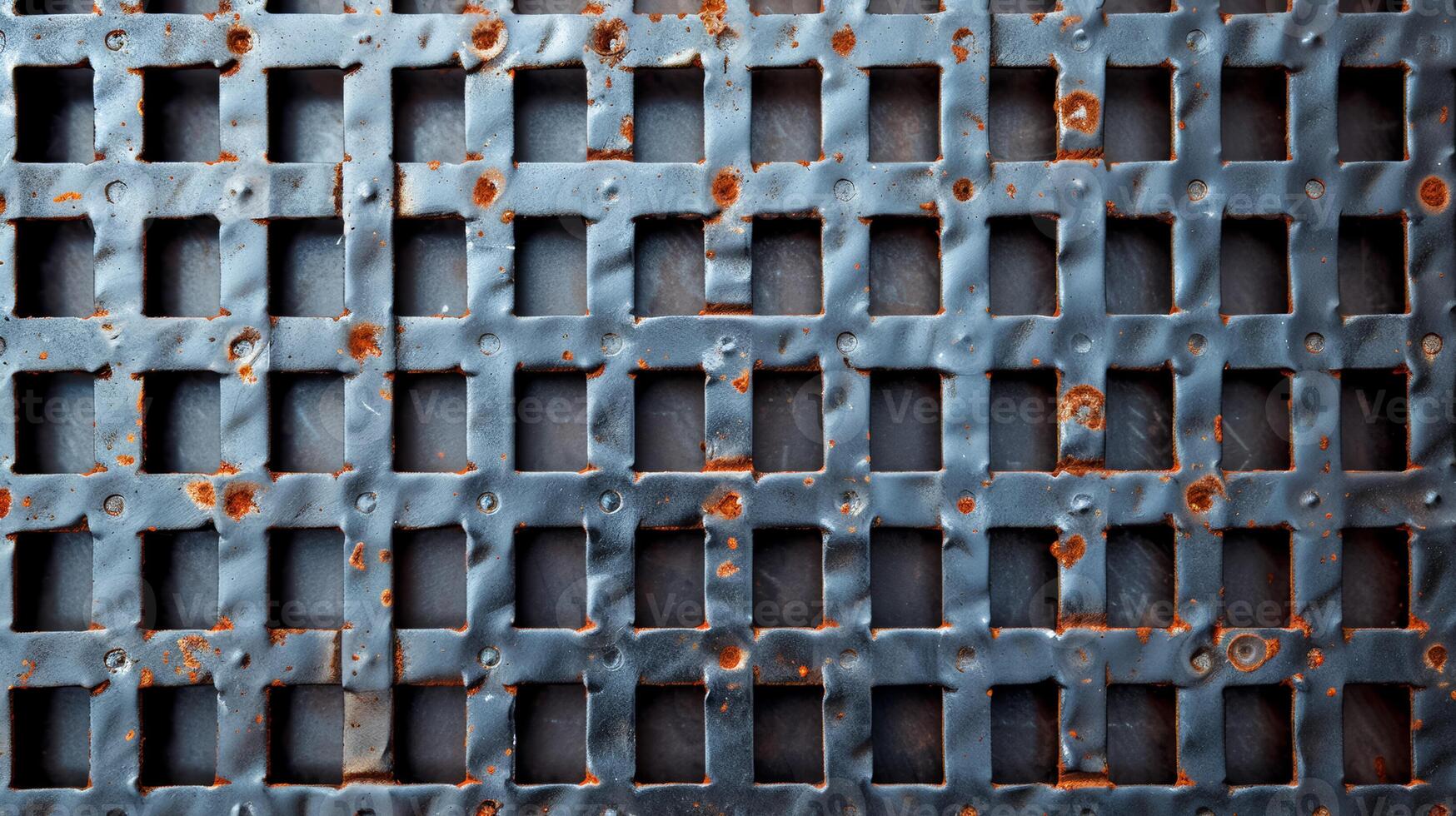 Metal background with a grid pattern and rust spots industrial style dark gray and brown tones photo