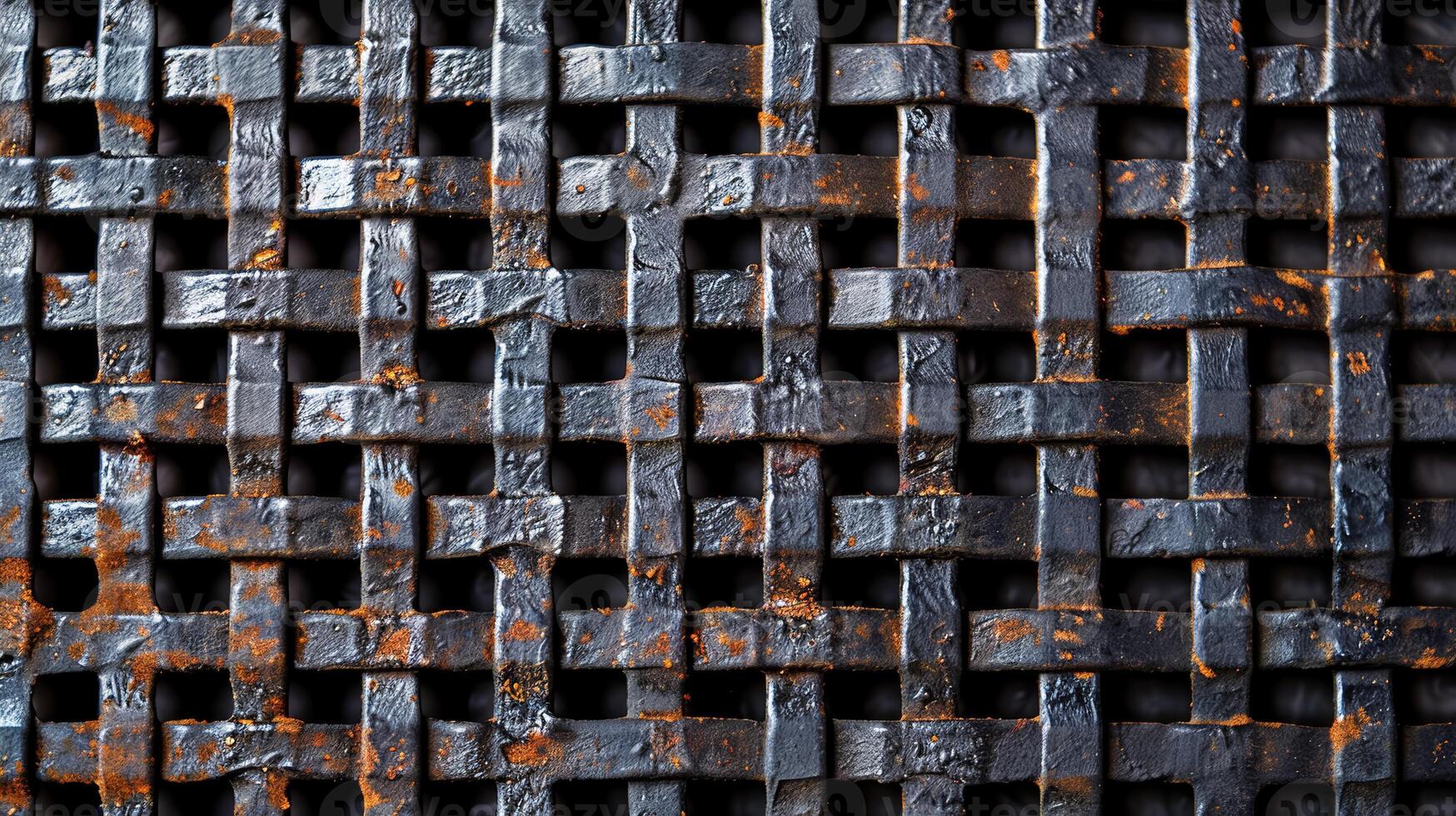 Metal background with a grid pattern and rust spots industrial style dark gray and brown tones photo