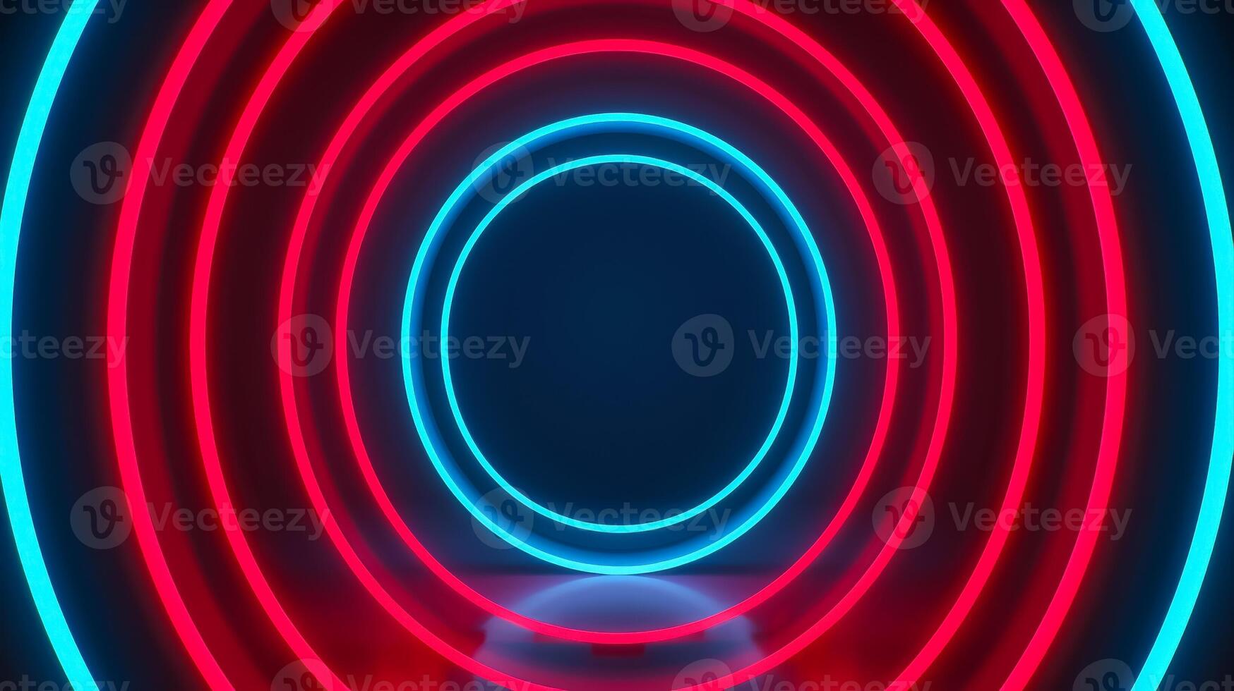 Isolated neon lines forming concentric circles on a dark gradient background red and cyan spotlights illuminating the rings photo