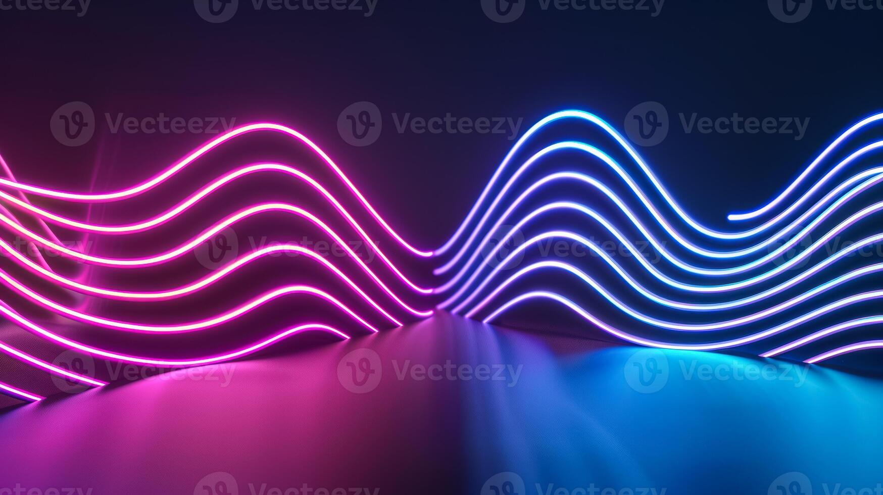 Abstract neon lines forming waves on a dark background cyan and magenta spotlights accentuating the curves photo