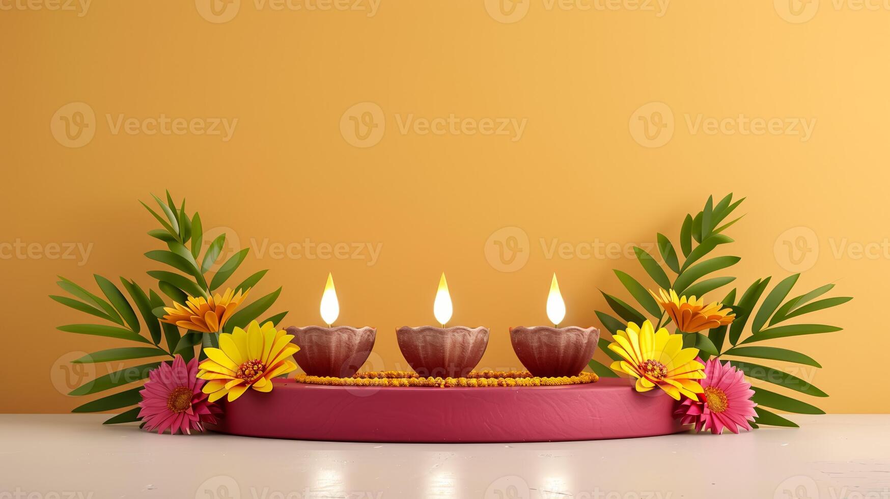 3D podium with Diwali theme decorated with diyas rangoli patterns and marigold flowers gold and maroon colors photo