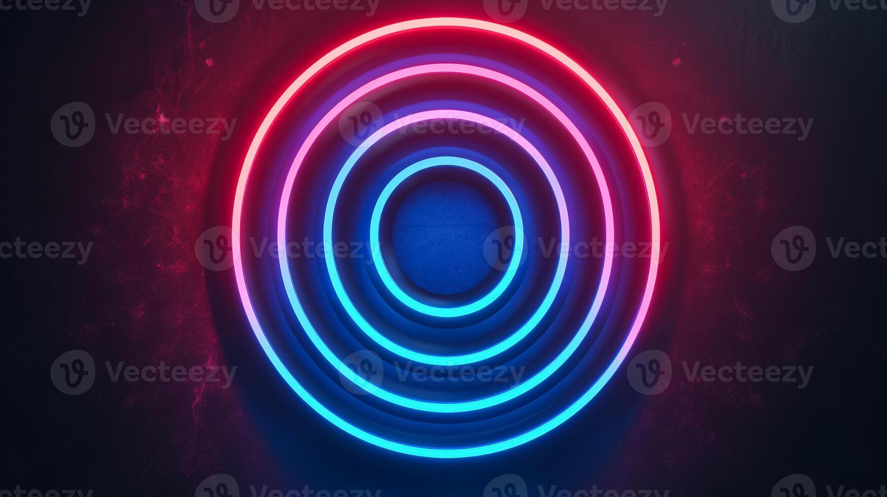 Isolated neon lines forming concentric circles on a dark gradient background red and cyan spotlights illuminating the rings photo