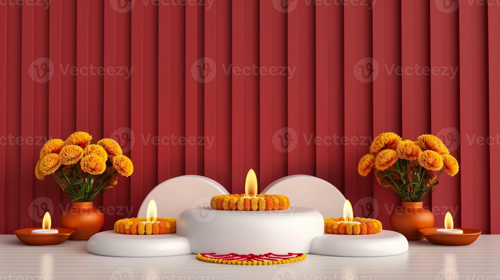 3D podium with Diwali theme decorated with diyas rangoli patterns and marigold flowers gold and maroon colors photo