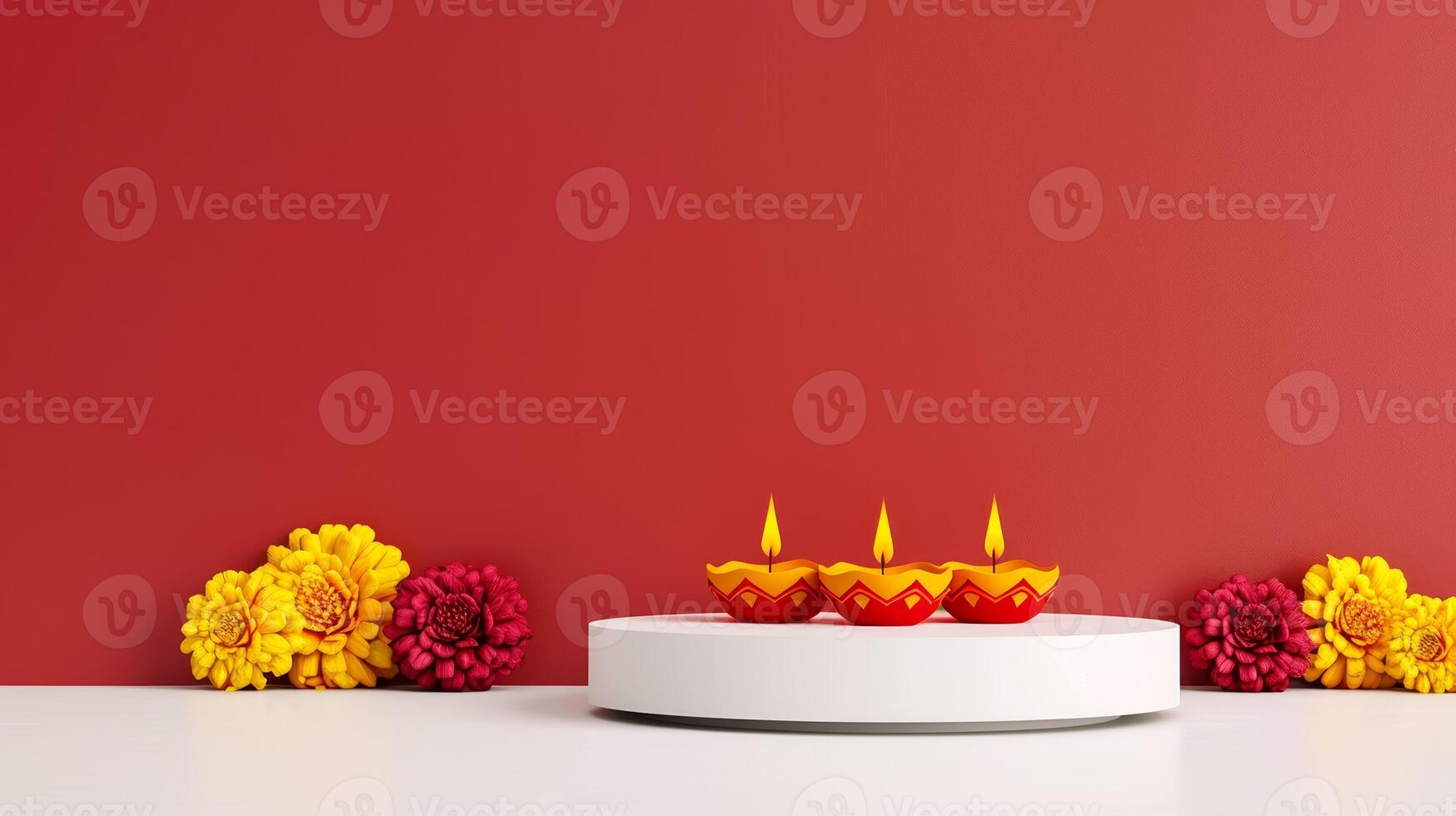 3D podium with Diwali theme decorated with diyas rangoli patterns and marigold flowers gold and maroon colors photo