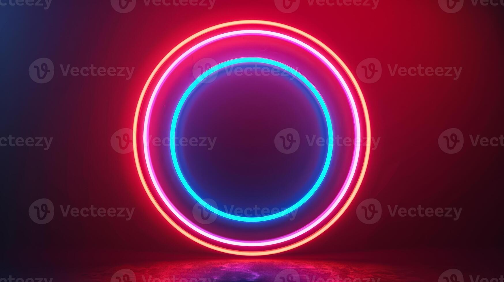 Isolated neon lines forming concentric circles on a dark gradient background red and cyan spotlights illuminating the rings photo