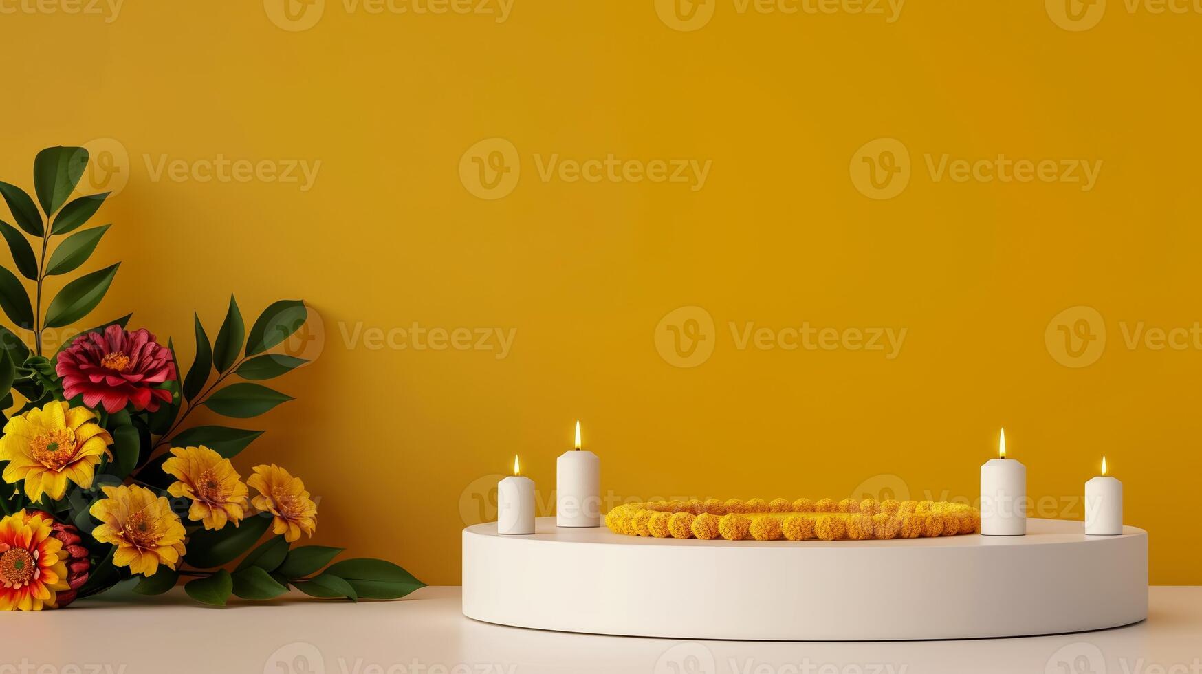 3D podium on a gradient background with Diwali theme decorated with diyas rangoli patterns and marigold flowers gold to maroon gradient photo