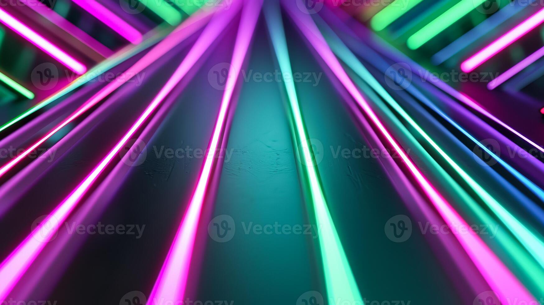 Close up of neon lines forming geometric patterns on a dark background green and purple spotlights highlighting the edges photo