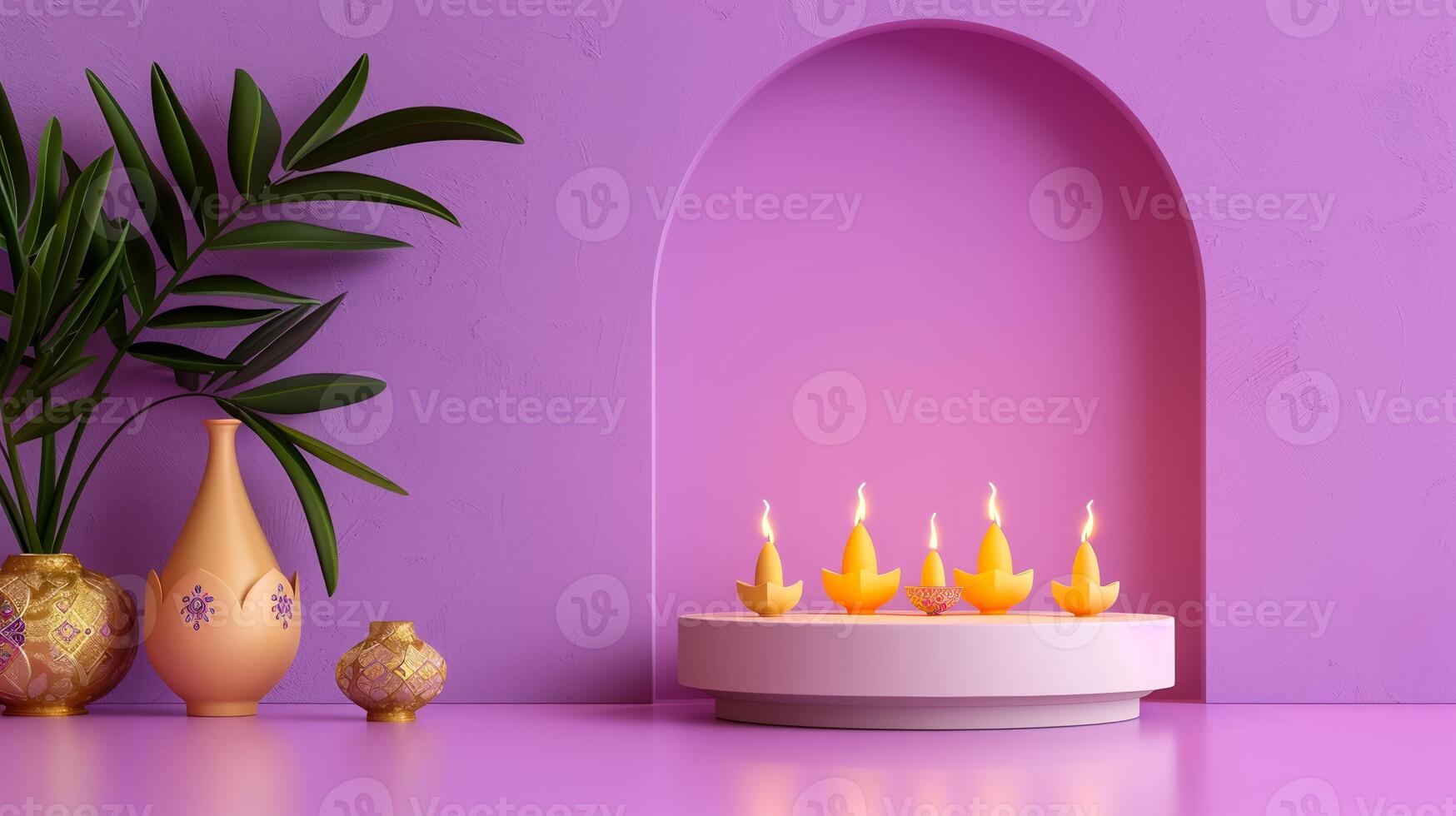 3D podium on a gradient background with Diwali night theme highlighted with lit diyas decorative lamps and traditional patterns purple to gold gradient photo