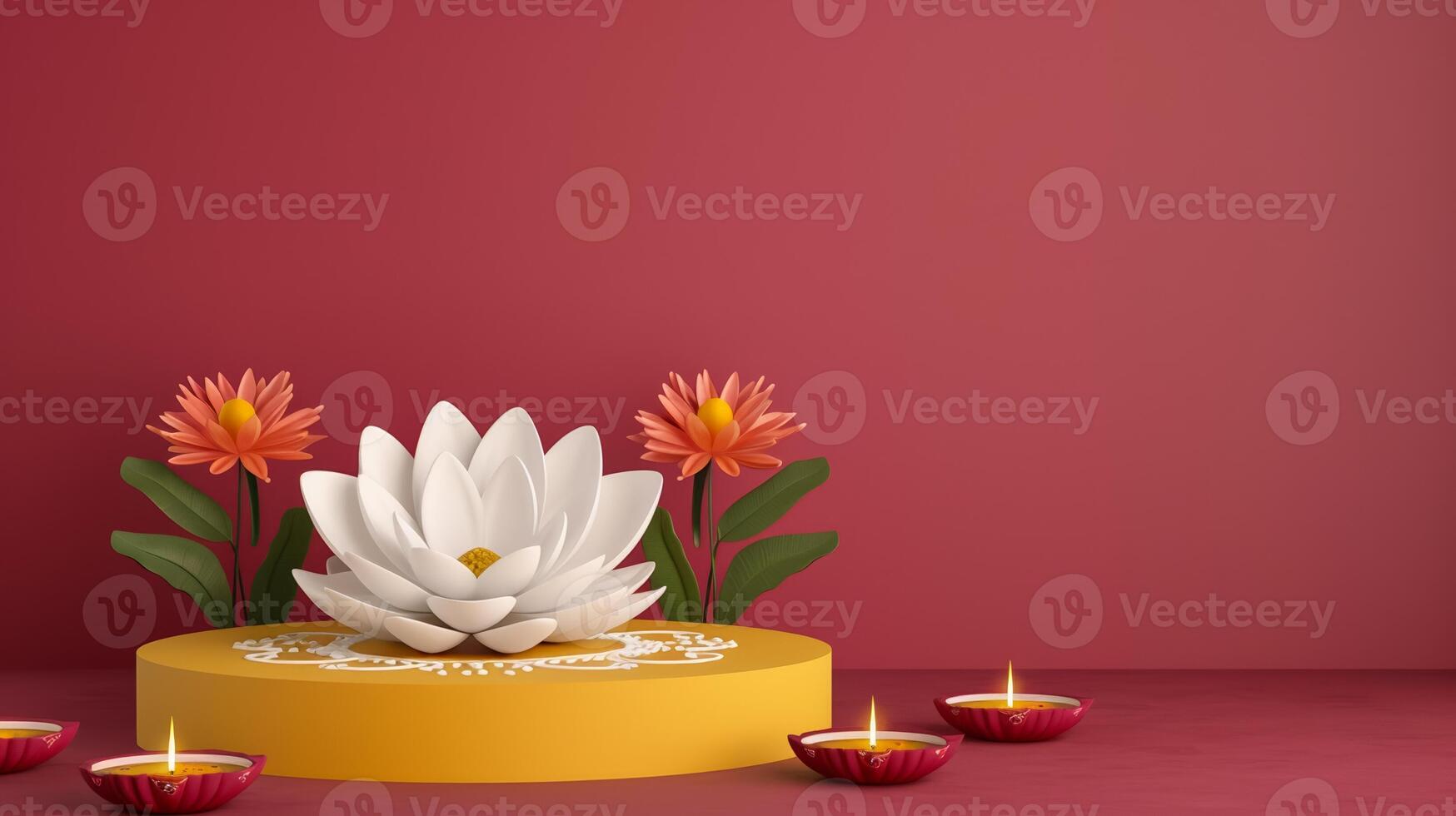 3D podium on a gradient background with Diwali theme decorated with diyas rangoli patterns and marigold flowers gold to maroon gradient photo