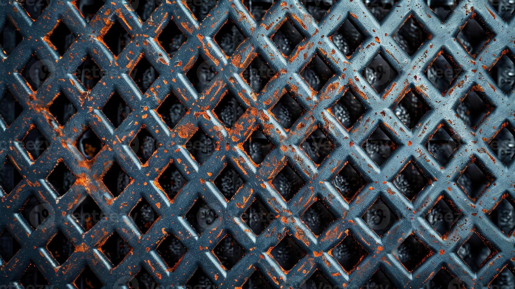 Metal background with a grid pattern and rust spots industrial style dark gray and brown tones photo