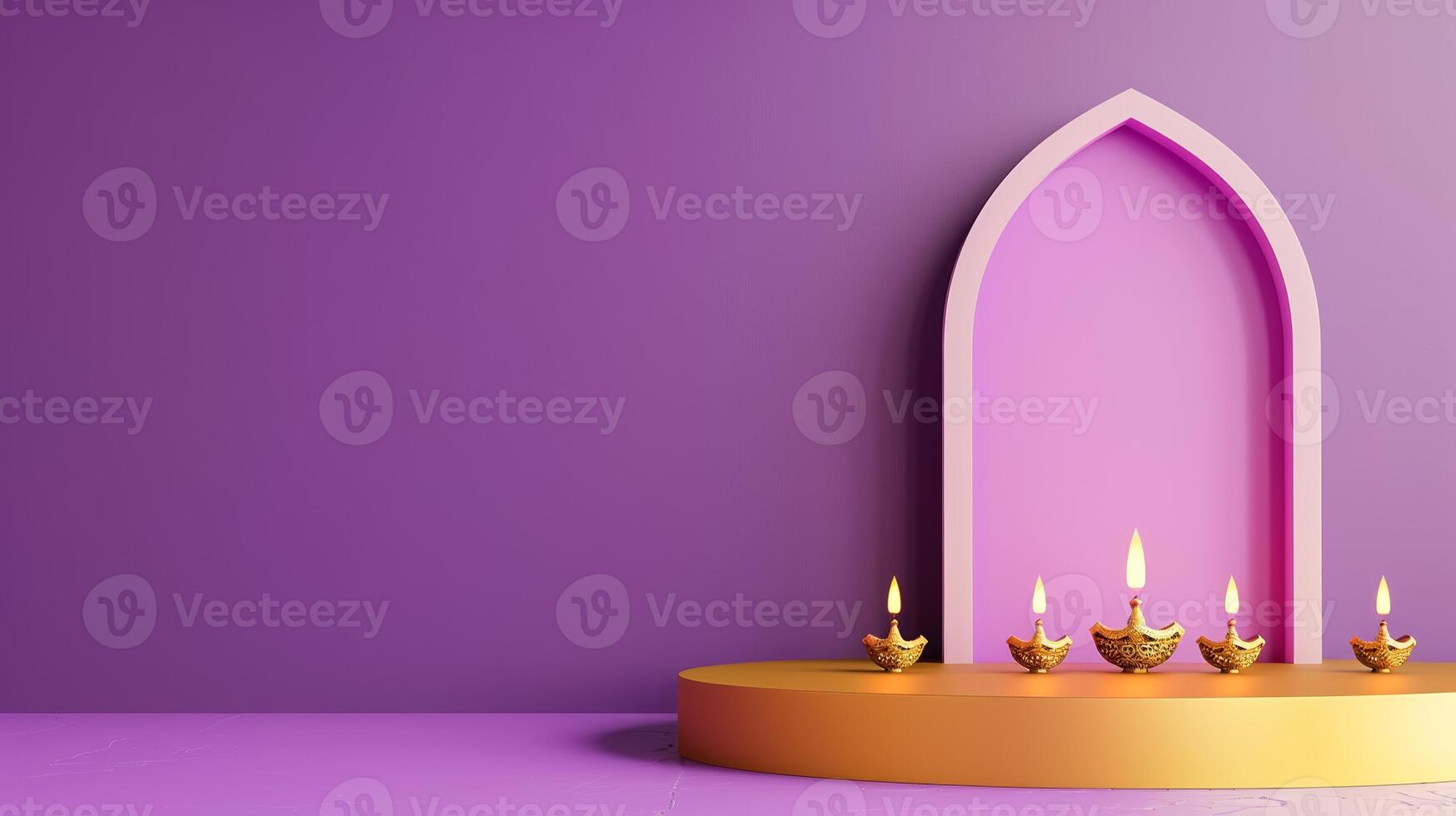 3D podium on a gradient background with Diwali night theme highlighted with lit diyas decorative lamps and traditional patterns purple to gold gradient photo