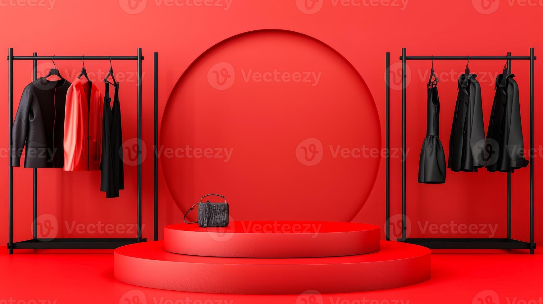 3D podium on a gradient background with Black Friday fashion theme adorned with clothing racks accessories and discount signs black to red gradient photo