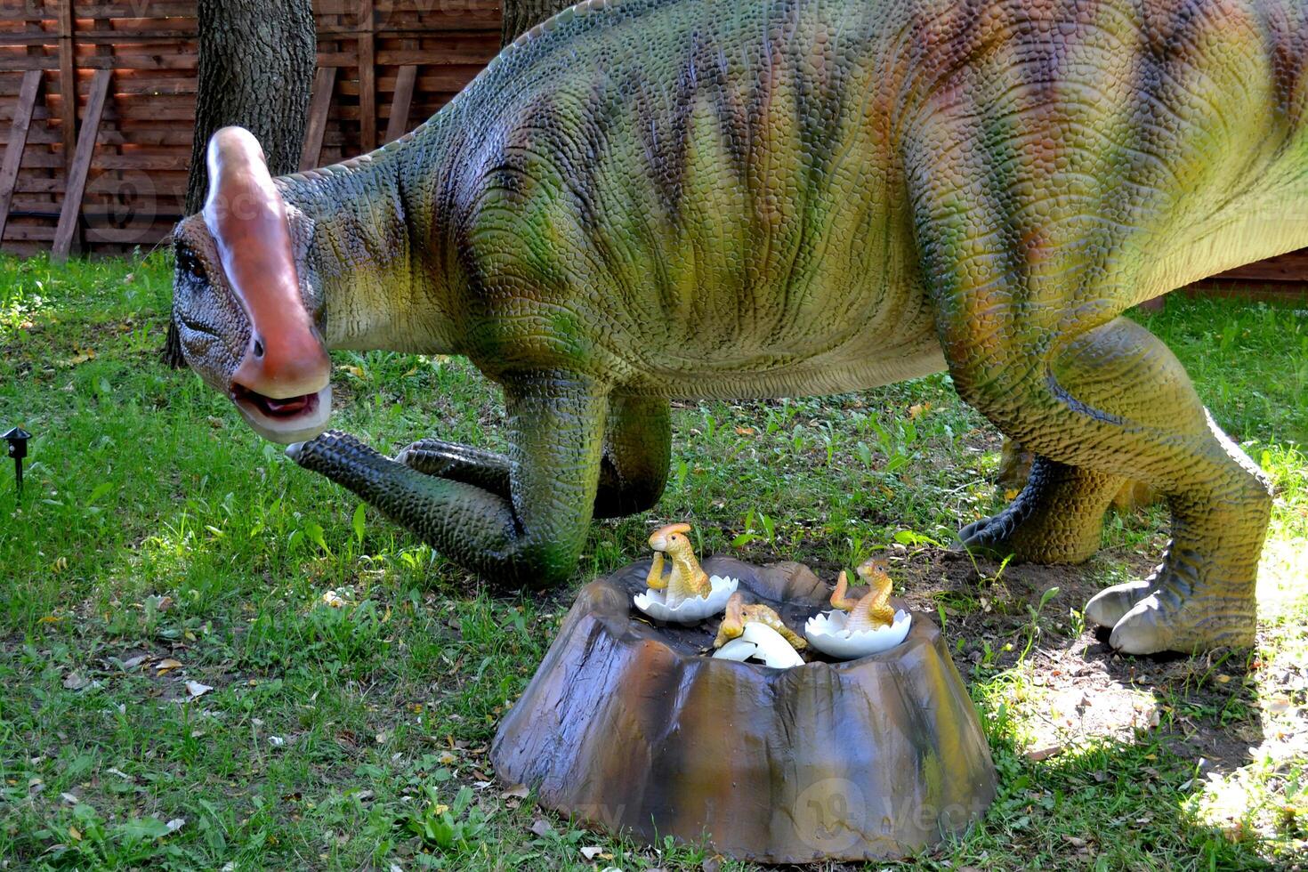 Close up head Parasaurolophus dinosaur in dino park for children photo