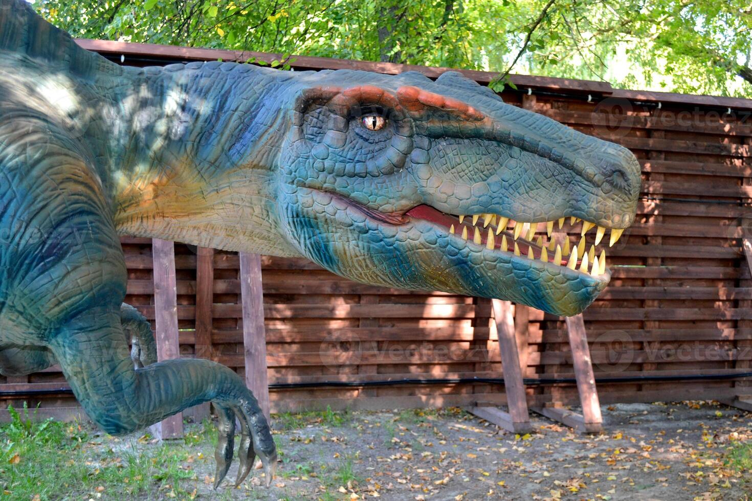 Close up head Parasaurolophus dinosaur in dino park for children photo