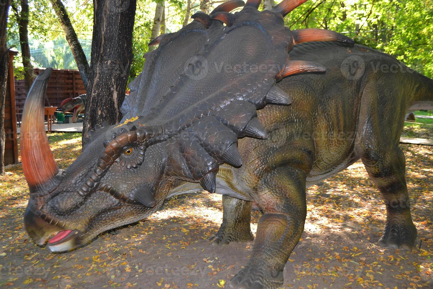 Close up head Parasaurolophus dinosaur in dino park for children photo