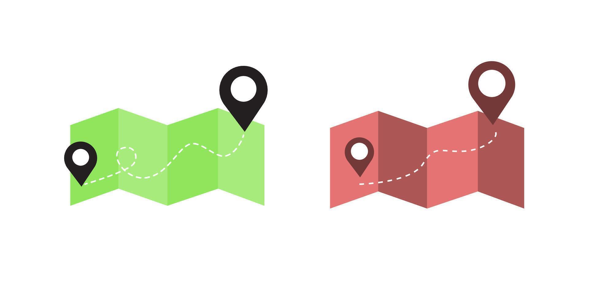 Map with pin.direction pointer on folded city map, gps navigation and travel location position search sticker vector