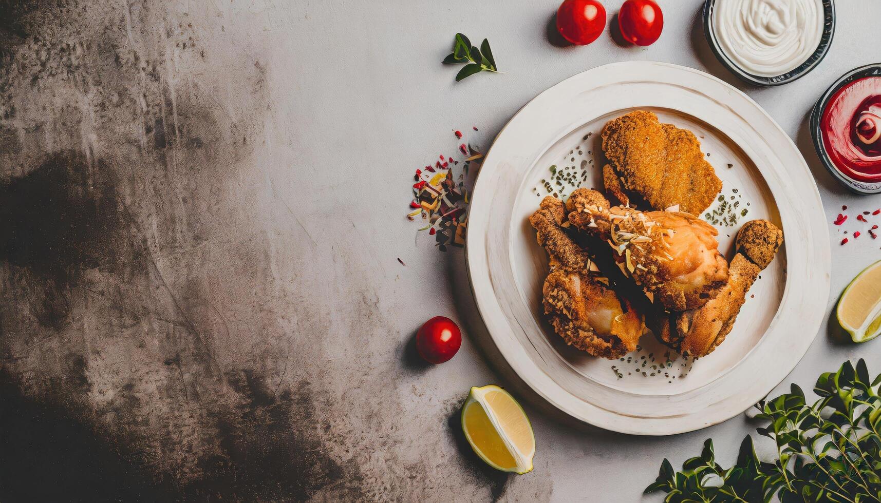 Copy Space image of crunchy Baked Chicken Tenders on a plate with tomato sauce, flat lay photo
