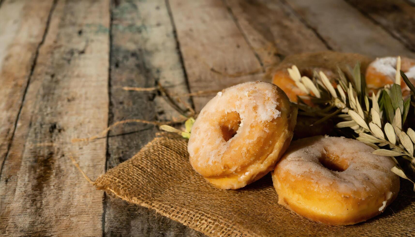Copy Space image of Donuts with powdered sugar on wooden table on black background photo
