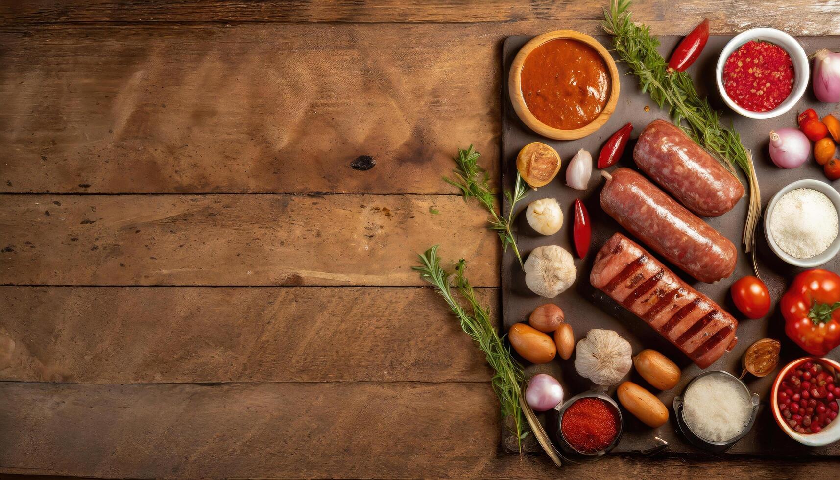 Barbecue menu. Grilled meat and vegetables on rustic wooden table photo