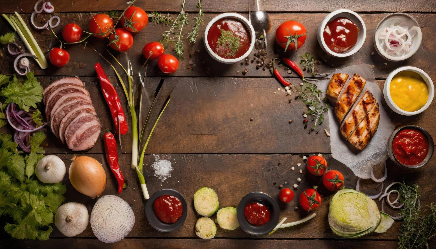 Barbecue menu. Grilled meat and vegetables on rustic wooden table photo