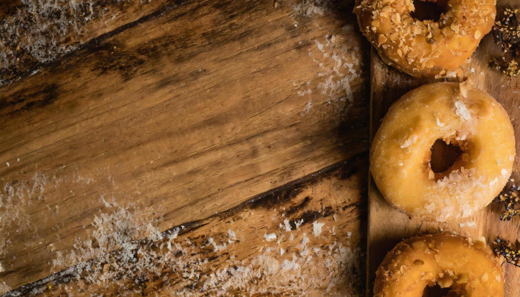 Copy Space image of Donuts with powdered sugar on wooden table on black background photo