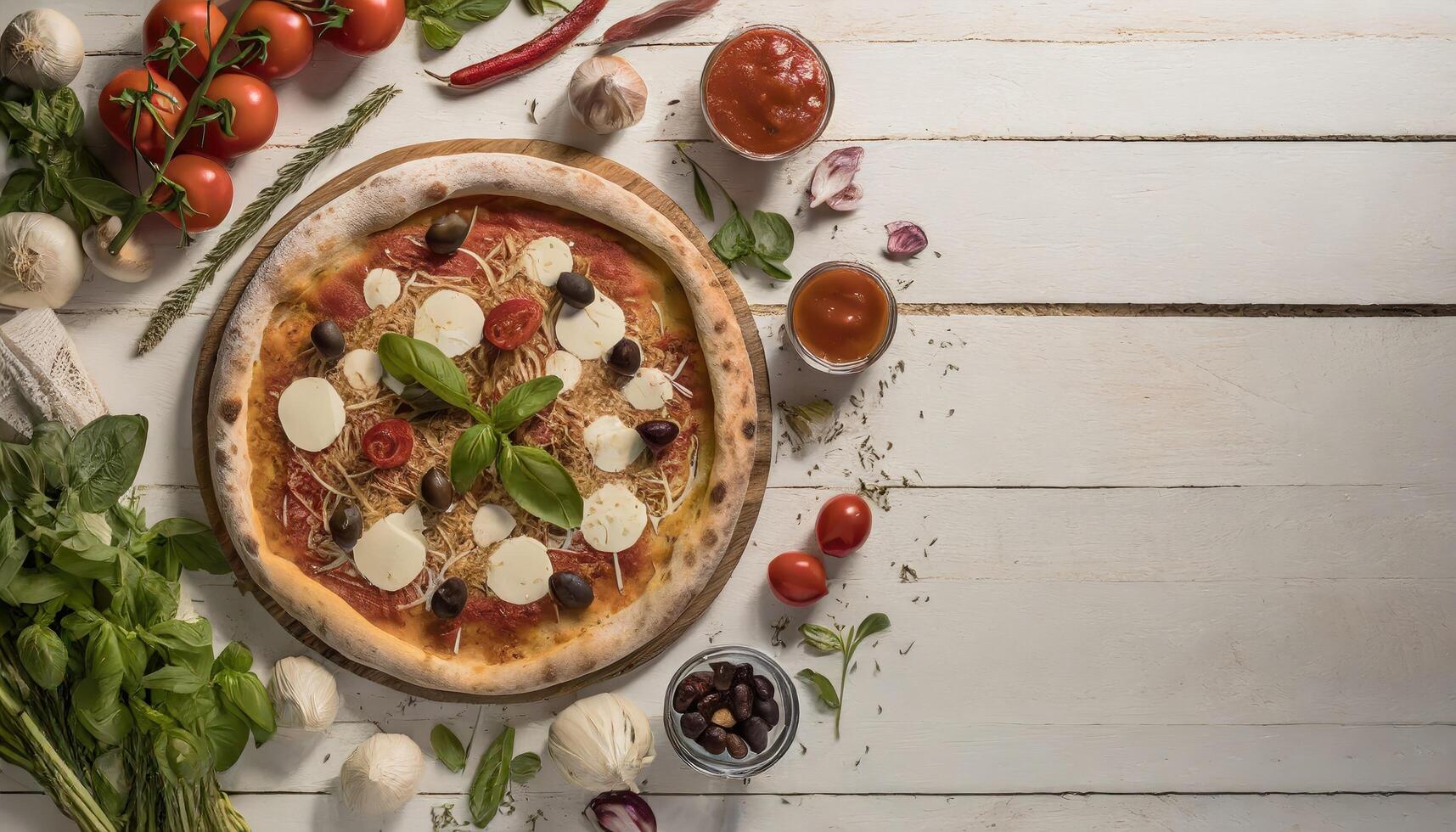 Copy Space image of Delicious pizza margarita with mozzarella on dark wooden photo