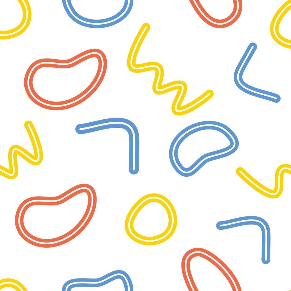 Fun colorful line doodle seamless pattern on white background. Creative minimalist style art background for children or trendy design with basic shapes. vector