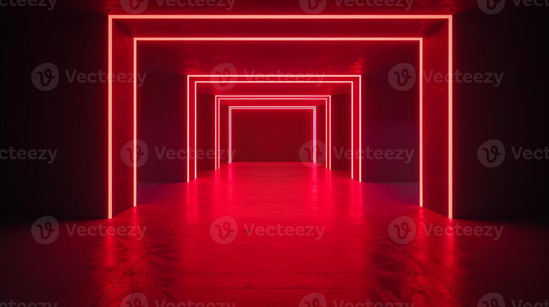 Wide angle shot of a dark room with crisscrossing neon lines and red spotlights creating a dynamic atmosphere photo