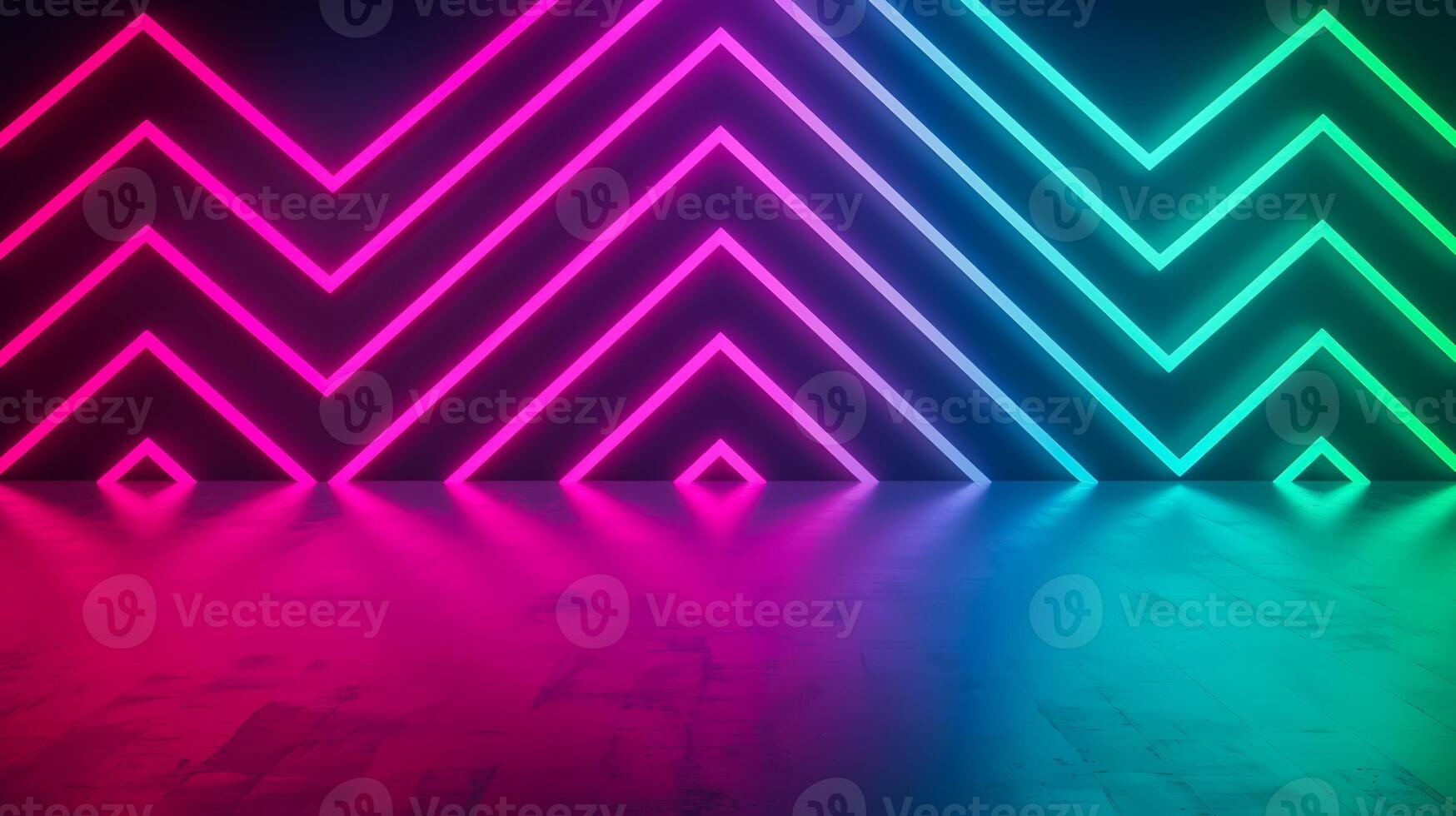Neon lines in a zigzag pattern on a dark background purple and green spotlights creating a vibrant contrast photo