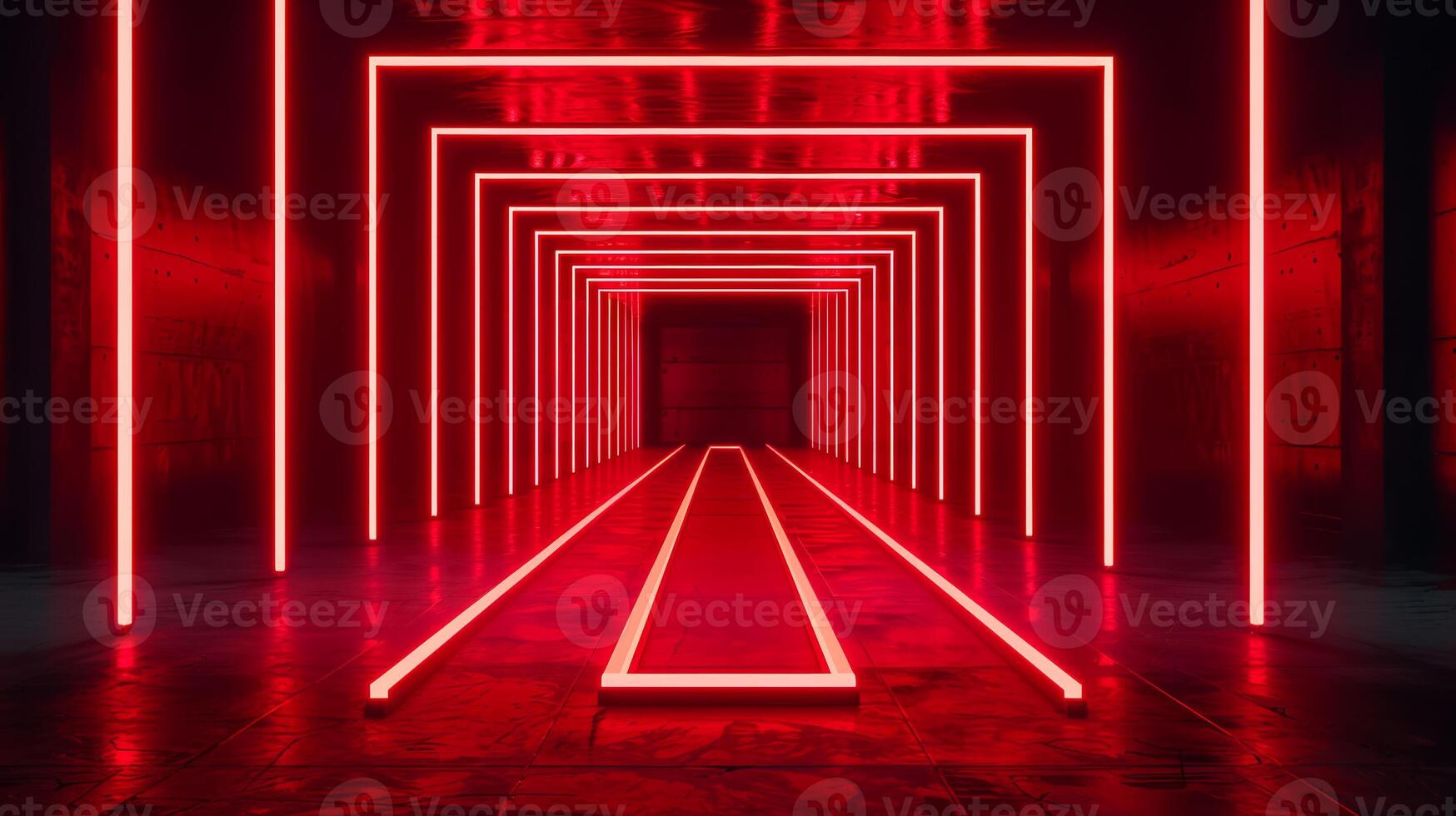Wide angle shot of a dark room with crisscrossing neon lines and red spotlights creating a dynamic atmosphere photo