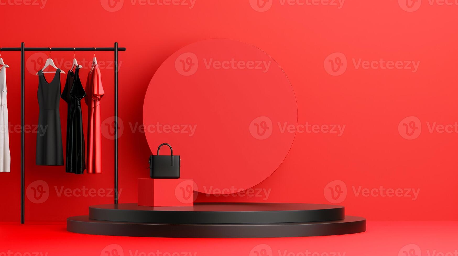 3D podium on a gradient background with Black Friday fashion theme adorned with clothing racks accessories and discount signs black to red gradient photo