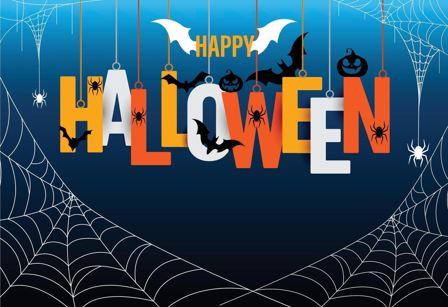 Happy Halloween lettering. Handwritten calligraphy with spider web and bats for greeting cards, posters, banners, flyers and invitations. Happy Halloween text, holiday background vector