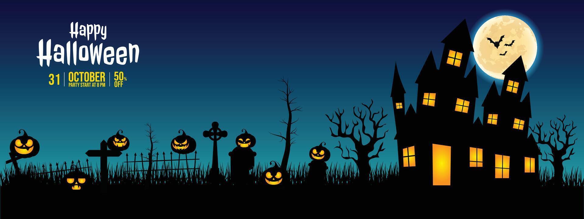 Halloween Poster, night background with creepy castle and pumpkins, illustration. Greeting card halloween celebration, halloween party poster. vector