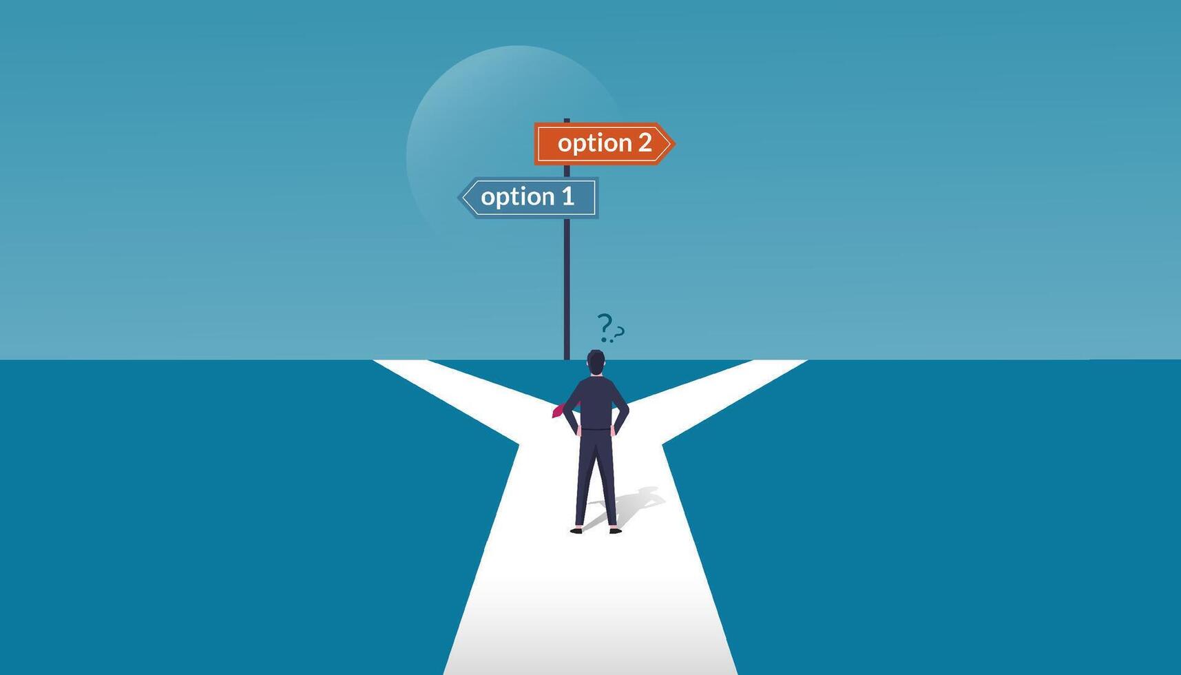A businessman in doubt, having to choose between two different choices indicated by path pointing in opposite direction vector