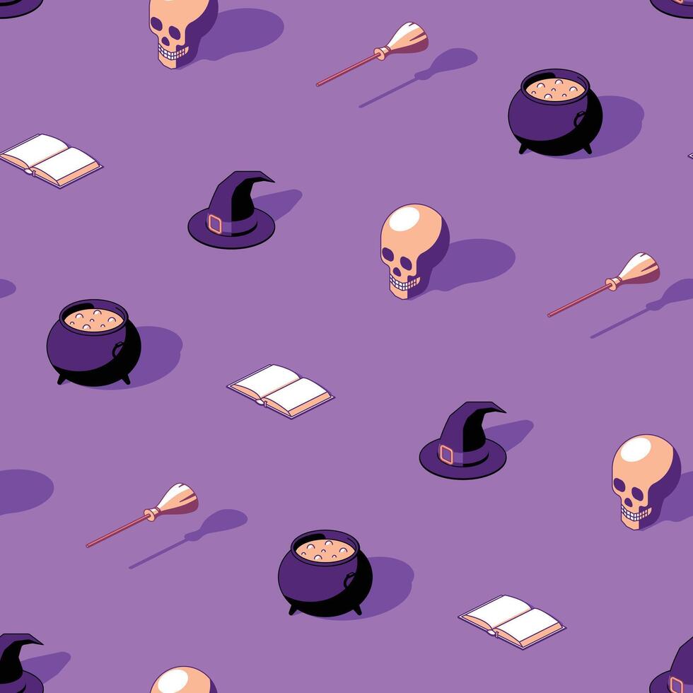 Witch Isometric Halloween seamless Pattern on purple background vector