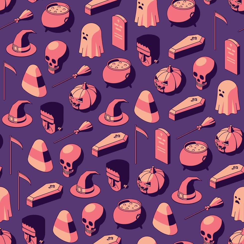 Halloween isometric seamless pattern on purple background vector