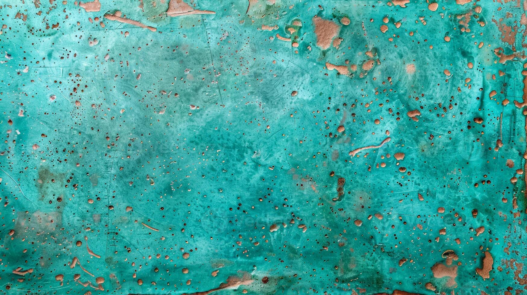 A wide shot of a copper surface with natural patina and green blue oxidation marks photo