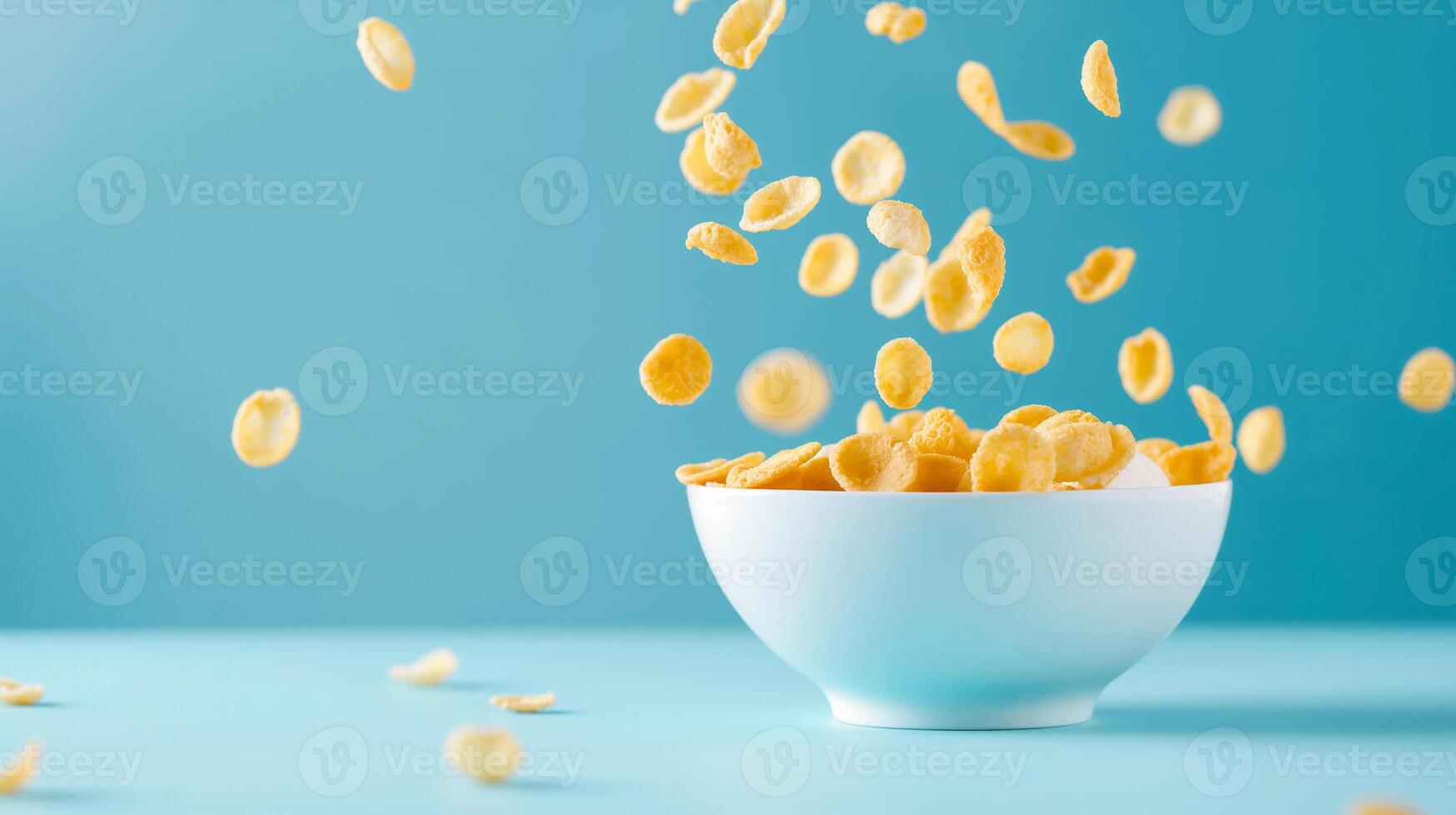 Close up of corn flakes falling into milk bowl on blue background in minimalist style photo