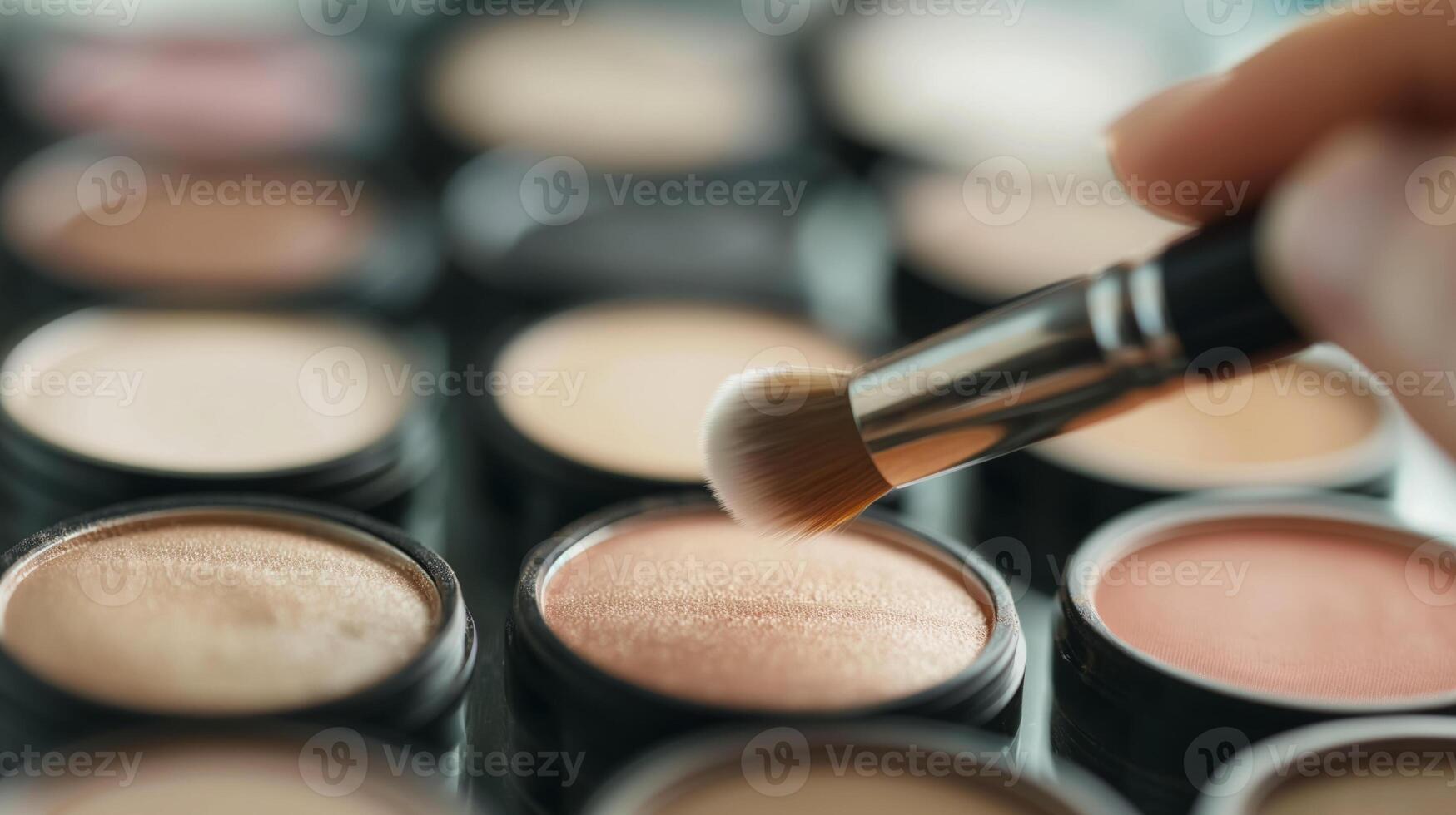 Closeup of a person with multiple beauty products applying makeup in front of a mirror photo